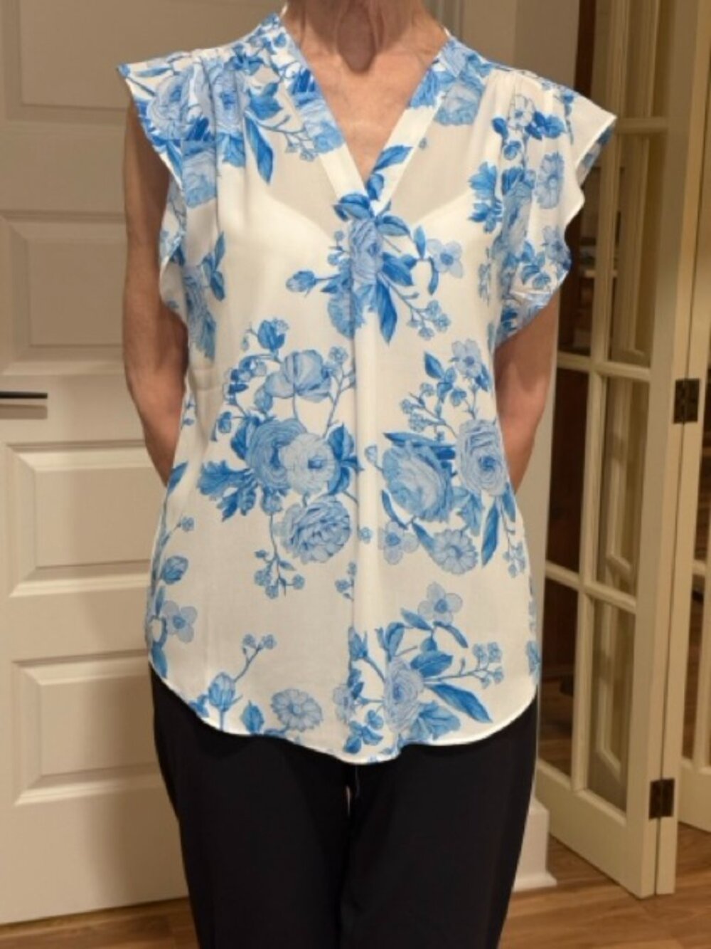 Chaus New York Women's Tops Size S Fluter Sleeve White and Blue Floral Blouse